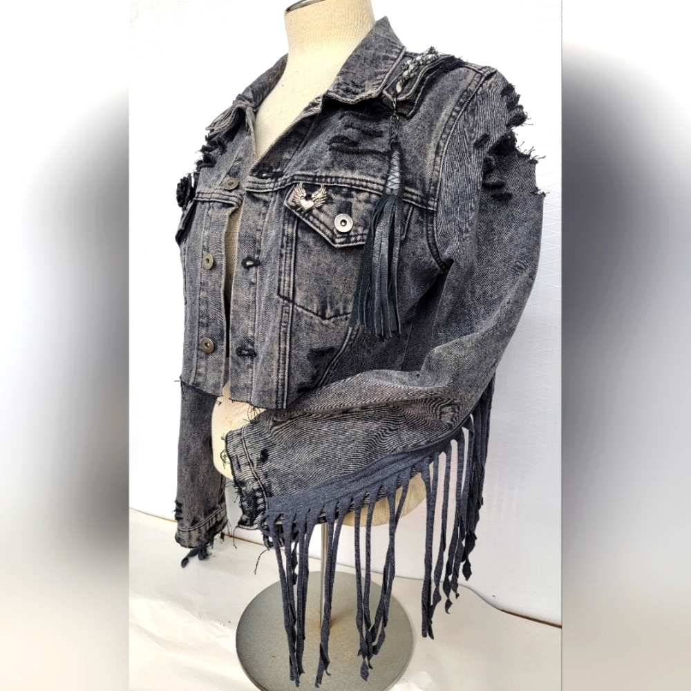 Rock Gothic Jean Jacket With Ed Hardy Eagle Graphics Upcycled Renewed - Picture 10 of 12